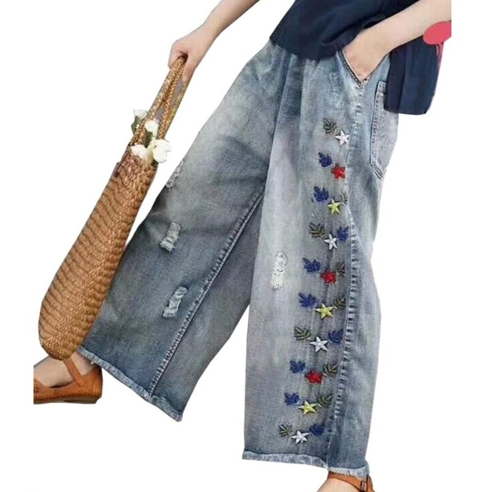 YESNO Embroidered Wide Leg Cropped Jeans XL Blue Distressed Boho Hippie Artsy
